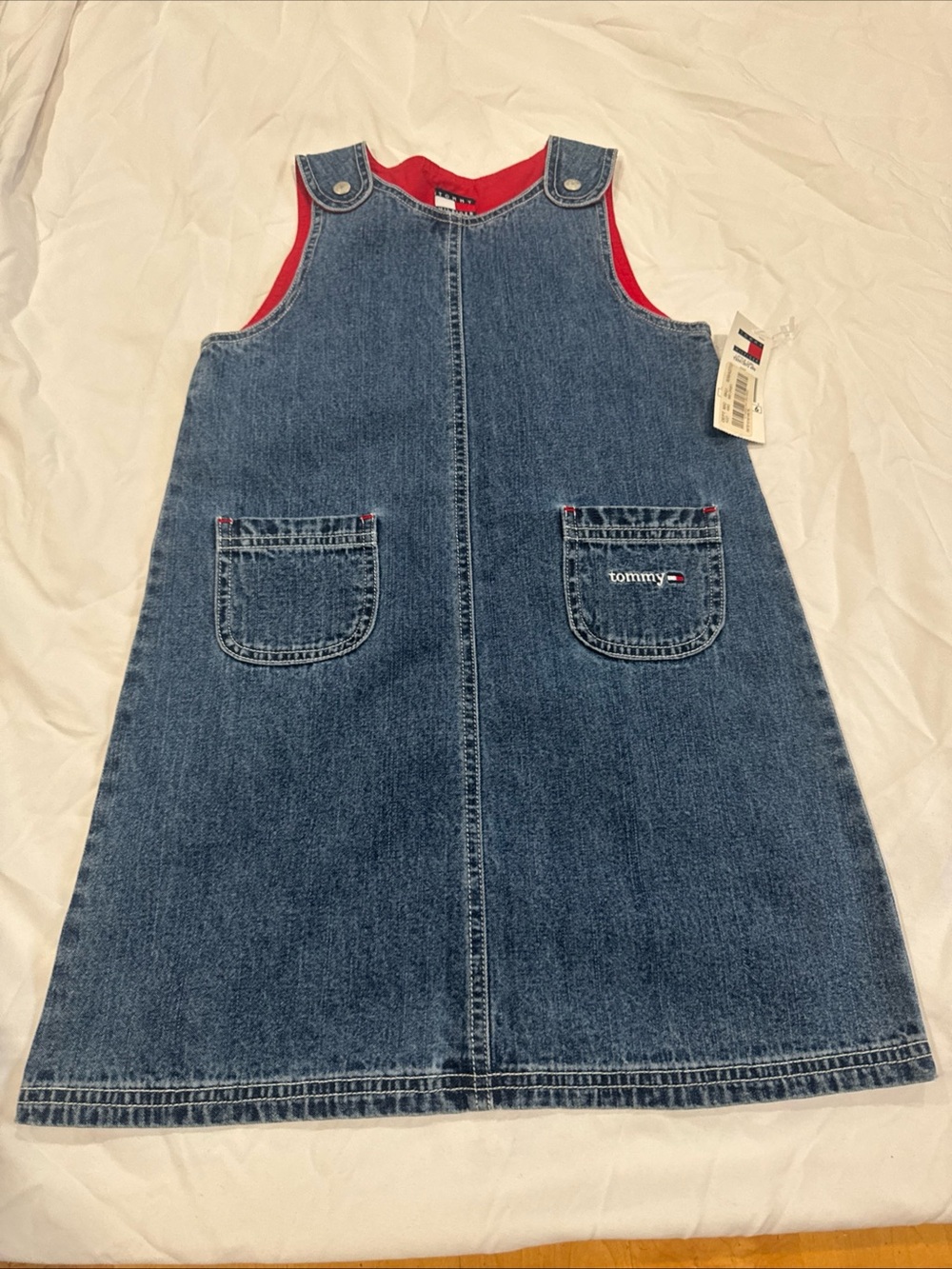 Tommy Hilfiger Blue Denim Pinafore Dress with Red Trim
